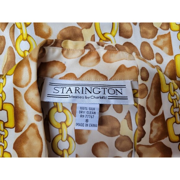 Vtg Starington by Charlotte Womens Leopard Gold Chain Print Silk Blouse Sz 8 - Picture 9 of 10